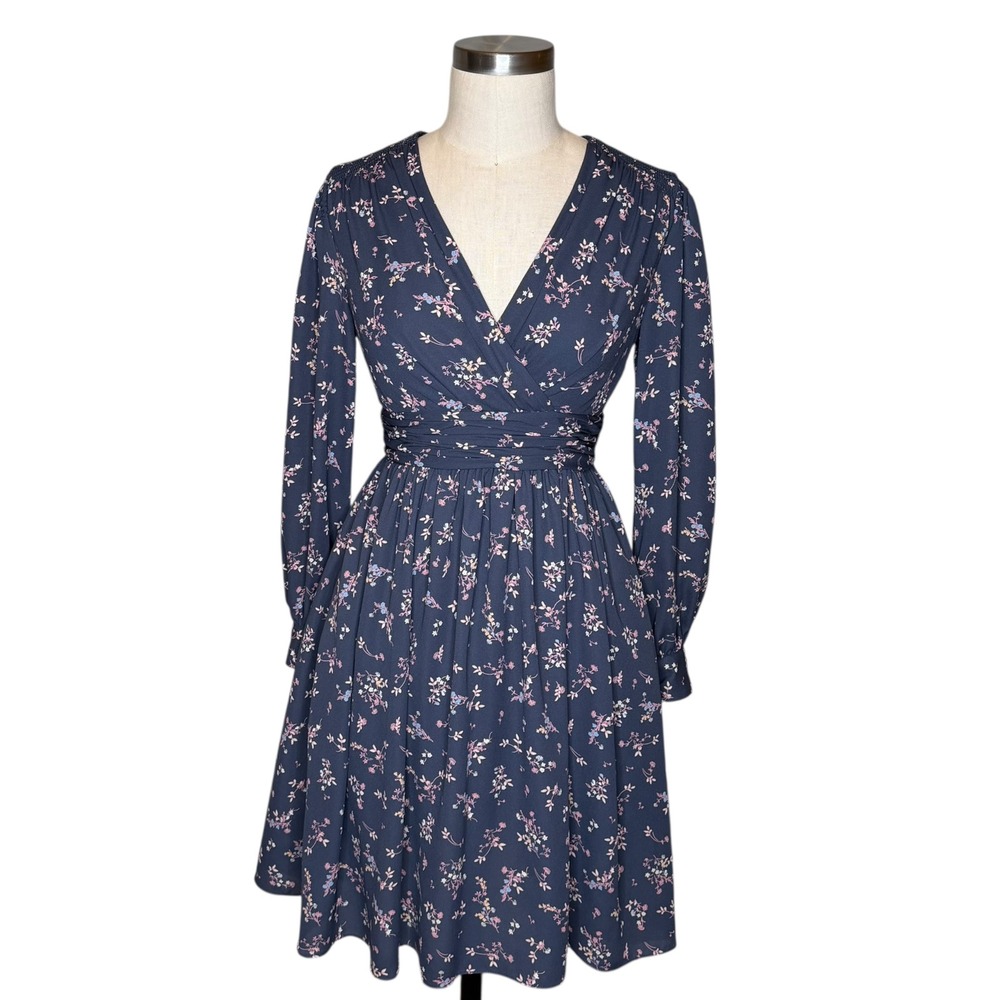 GAL MEETS GLAM Kelsey Blue Floral Midi Dress Fit Flare Dress Women 0P Navy Blue